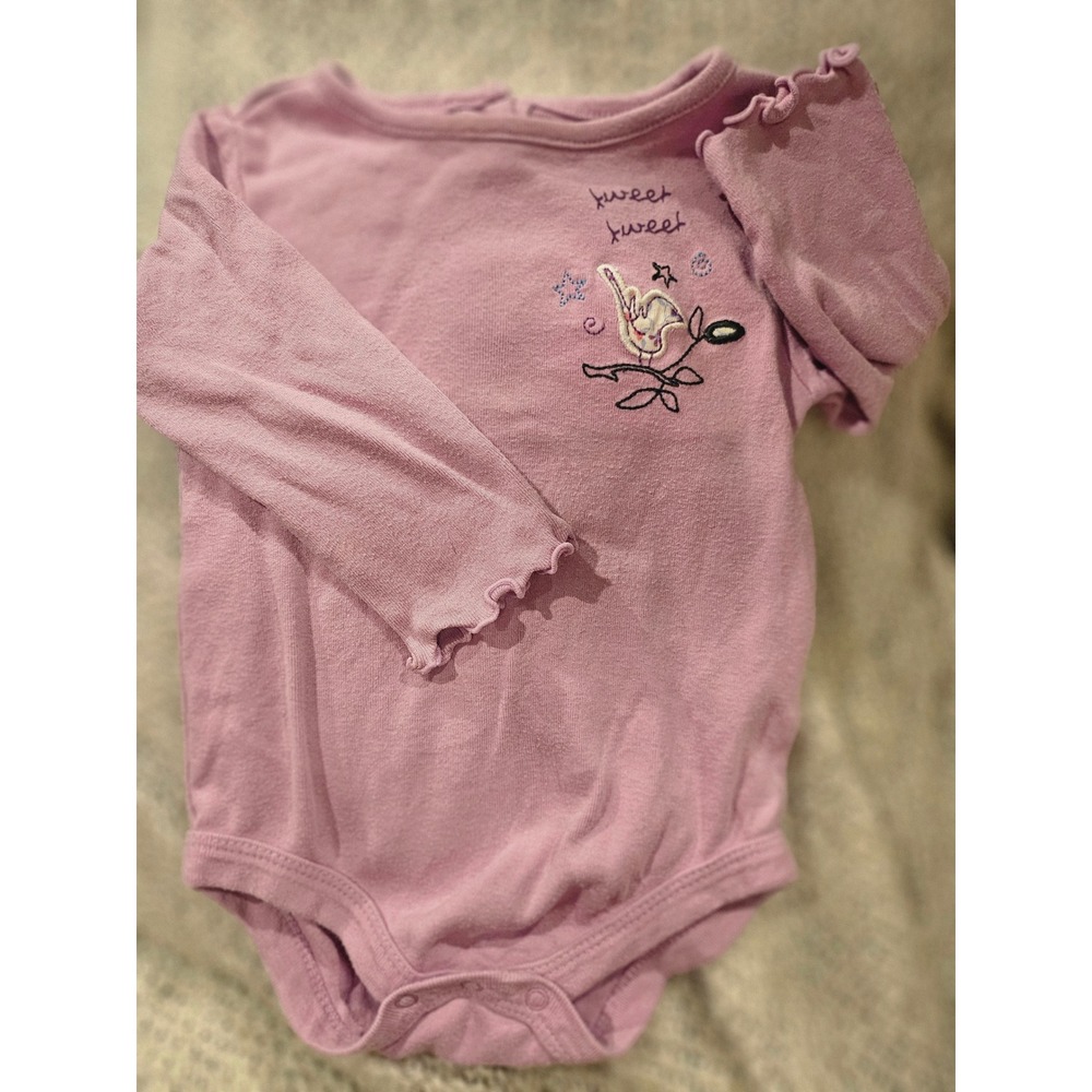 Faded Glory Baby Girl Purple Bird Bodysuit Long Sleeve Lettuce Trim Y2K 12 Mo
